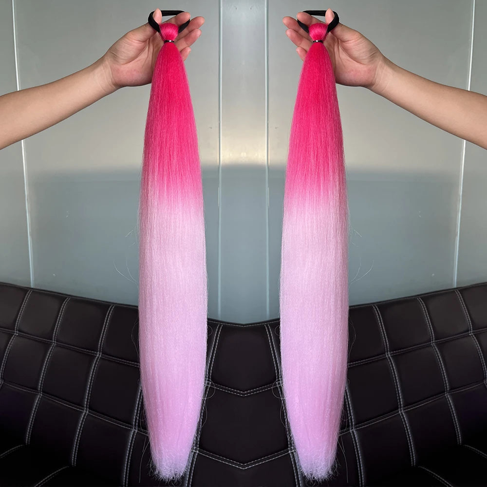 Synthetic Colorful Ponytail Extension 2pcs Long Straight Diy Braided Pony Tail Hairpiece Rubber Band