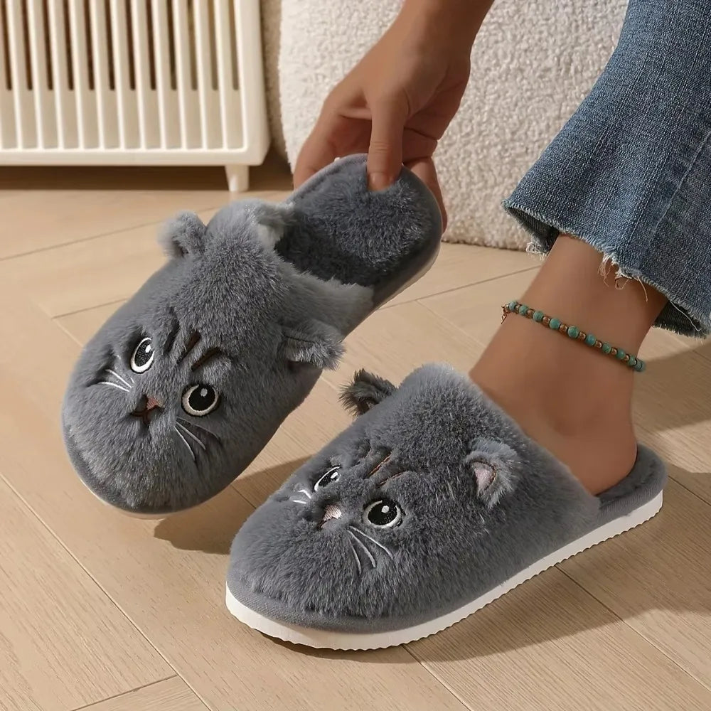 Women's Plush Cat Slippers Cozy Indoor House Shoes Non-Slip
