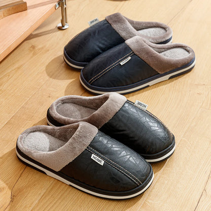 Big Size Winter Casual Men S Slippers Indoor Waterproof Pu Leather Home Shoes Fur Flat Warm Bedroom