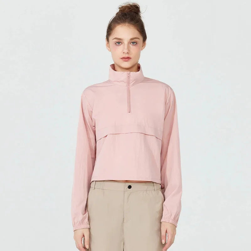 Women's Long Sleeve Athletic Jacket – Half-Zip Crop Top