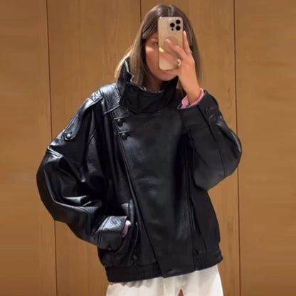 Faux Leather Bomber Jacket Women – Oversized Cropped Zip-Up