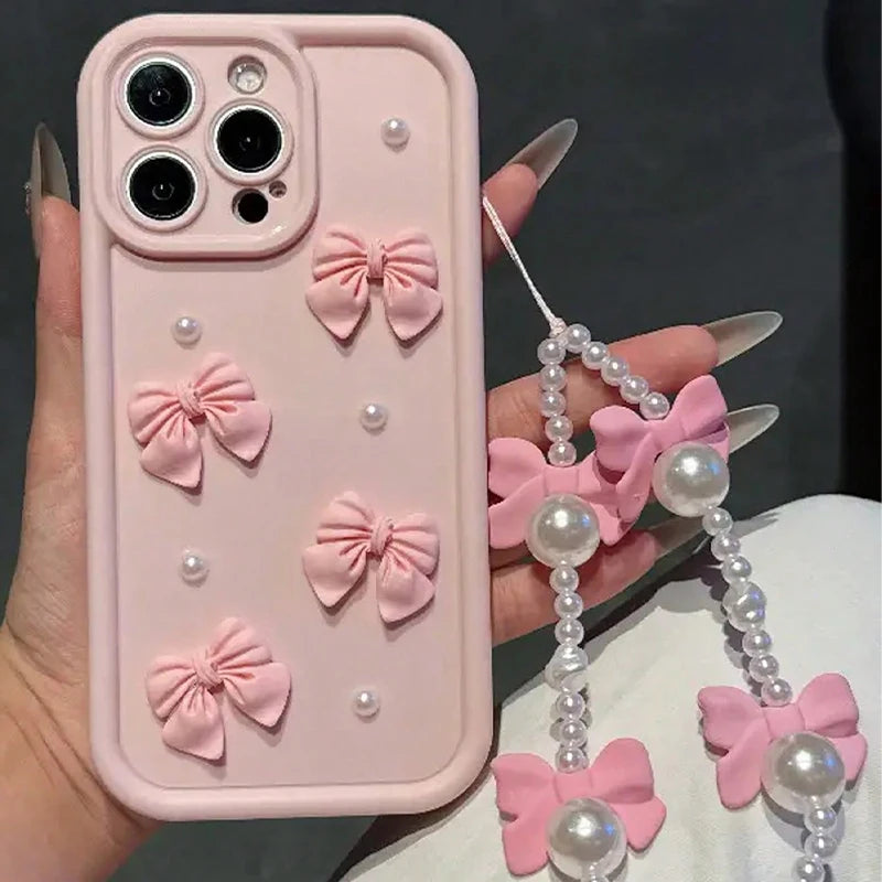 Korean 3d Bowknot Pearl Silicone Phone Case Iphone 16 17 Pro 15 14 13 12 11 Max 16e 7 8 Plus Lanyard