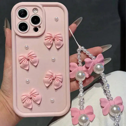 Korean 3d Bowknot Pearl Silicone Phone Case Iphone 16 17 Pro 15 14 13 12 11 Max 16e 7 8 Plus Lanyard