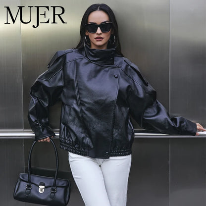 Women's Faux Leather Oversized Bomber Jacket – Winter Outerwear