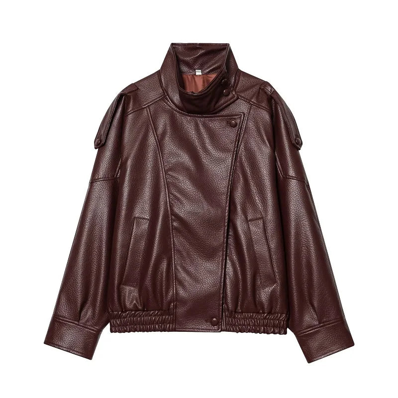 Oversized Faux Leather Bomber Jacket for Women