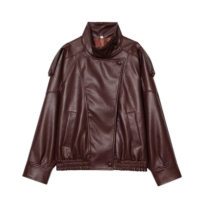 Oversized Faux Leather Bomber Jacket for Women