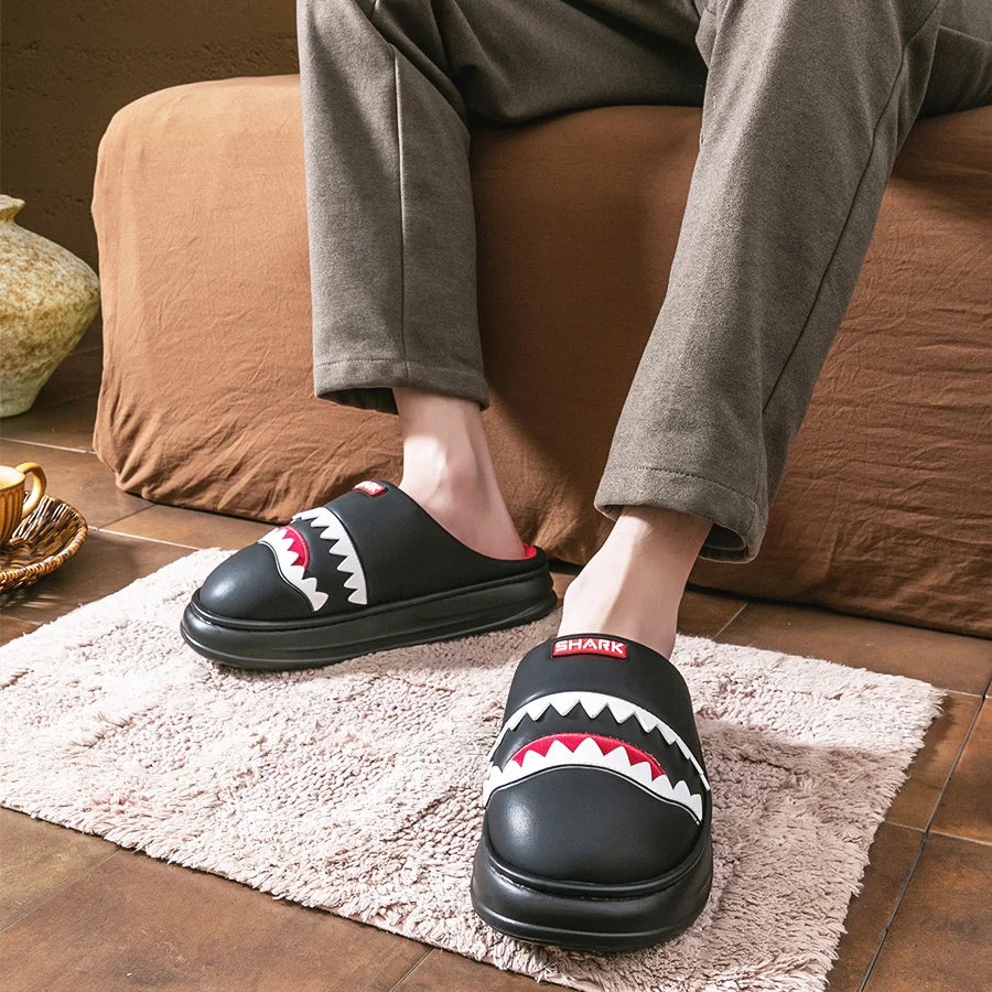 Shark Slippers Men's Platform House Shoes Warm Plush Lined EVA Non-Slip