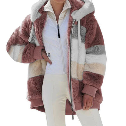 Women's Plaid Fleece Hooded Coat – Thick Zip-Up Winter Jacket