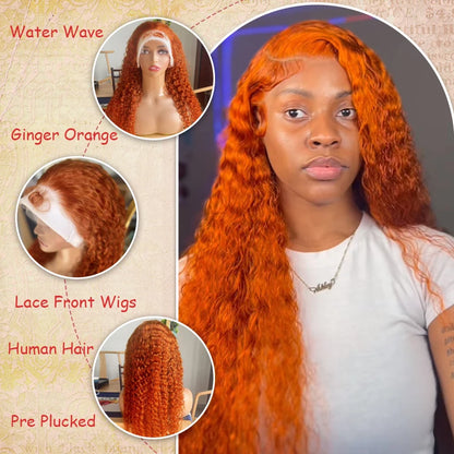 Water Wave Ginger Lace Front Wigs Human Hair 13x4 13x6 350 Colored 100 Brazilian Deep Curly Orange
