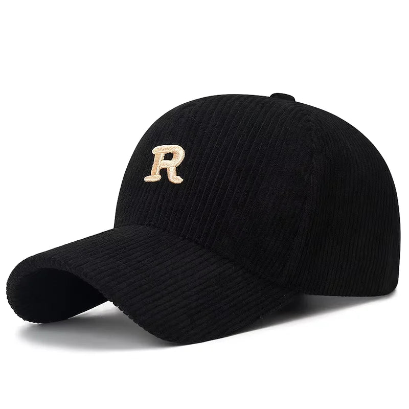 Corduroy Baseball Cap with 3D R Letter Embroidery – Adjustable Unisex Hat