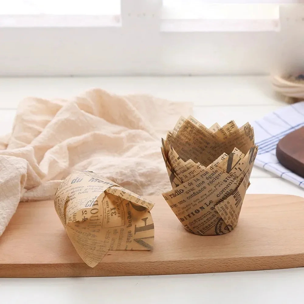 Newspaper Print Tulip Cupcake Liners – 50 Pack, Kraft Paper