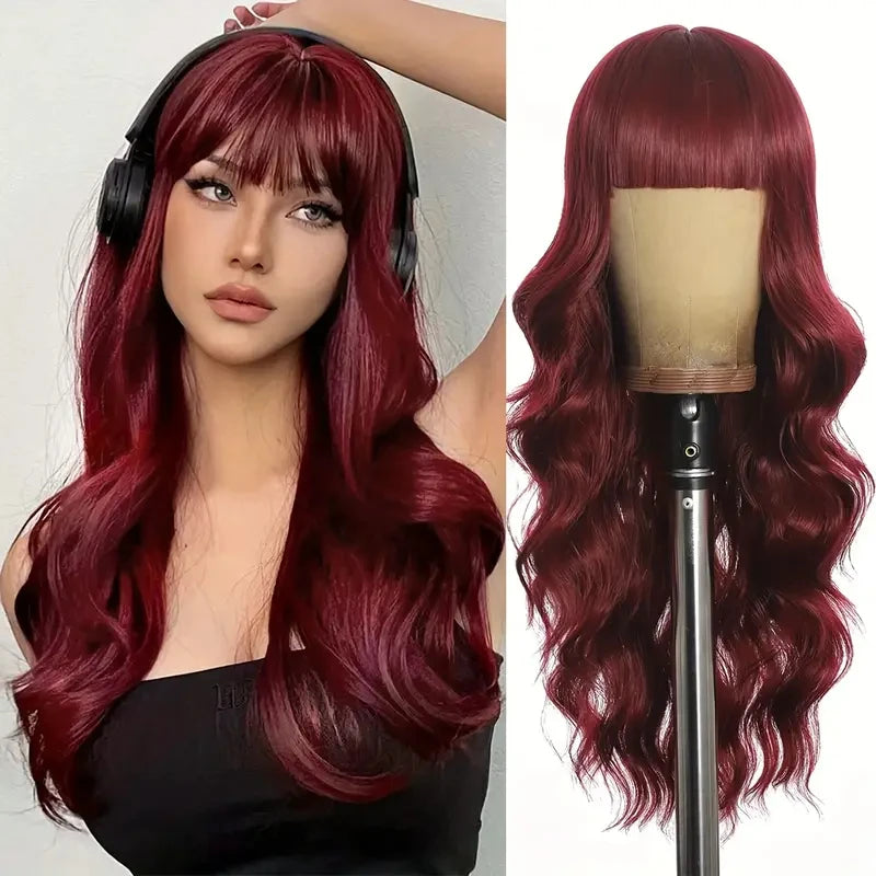 Long Wavy Synthetic Wig with Bangs – Heat Resistant Fiber