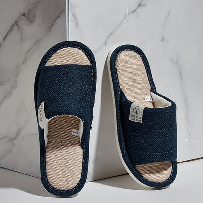 Linen Open-Toe Home Slippers – Breathable Bedroom Shoes for Men & Women