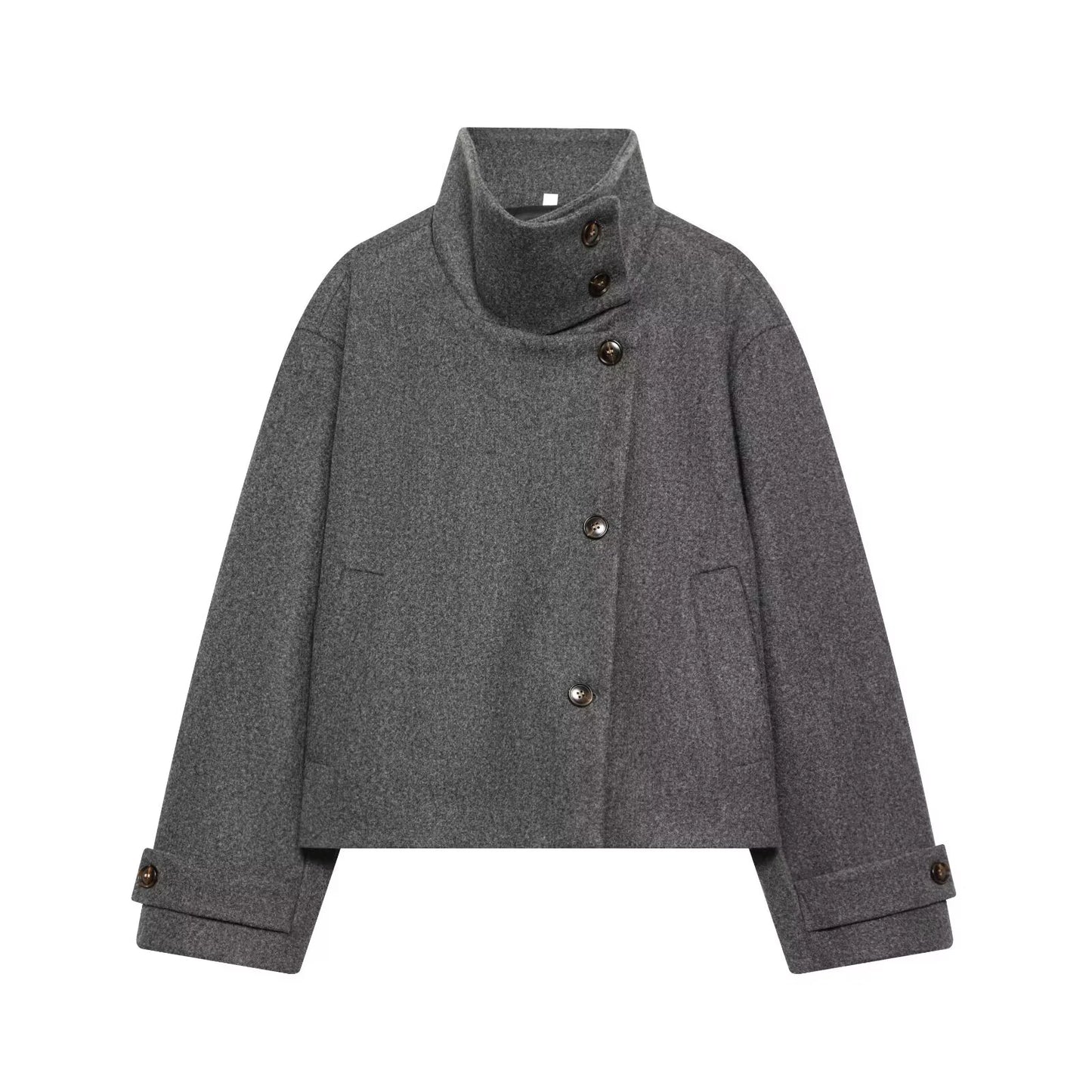Women's Stand Collar Button Wool Blend Short Coat – Loose Casual Winter Jacket