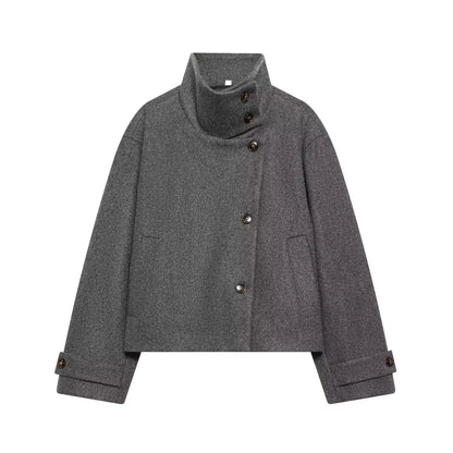 Women's Stand Collar Button Wool Blend Short Coat – Loose Casual Winter Jacket