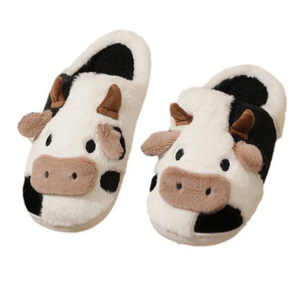 Winter Home Slippers Couples Warm Plush Neutral Cartoon Cow Indoor Anti Slip Comfortable Cotton Men