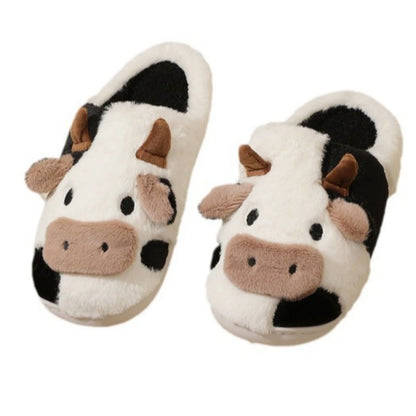Winter Home Slippers Couples Warm Plush Neutral Cartoon Cow Indoor Anti Slip Comfortable Cotton Men