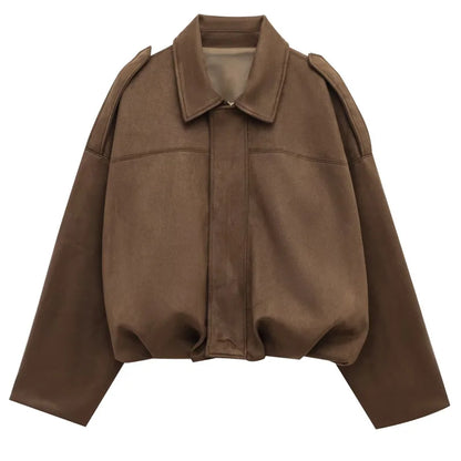 Women's Cropped Suede Bomber Jacket – Lapel Zip Racing Coat