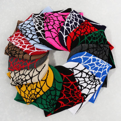 Spider Web Knit Beanie – Y2K Goth Warm Skull Cap for Men & Women