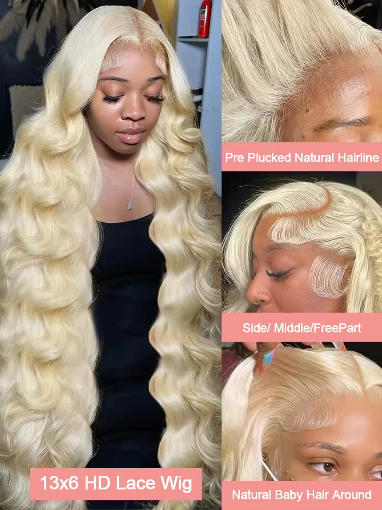42 Inches 613 Honey Blonde 13x6 Hd Transparen Body Wave Lace Frontal Human Hair Wig Colored Front
