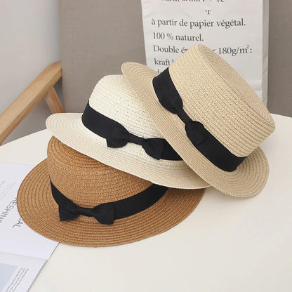 Women's Straw Boater Hat with Bow – Sun Protection Beach Hat