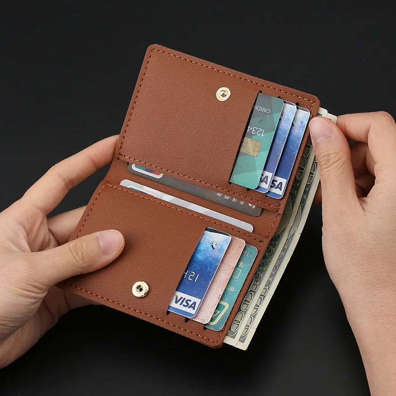 Slim PU Leather Women's Wallet – Ultra-Thin Short Purse with Card Slots & Button Closure