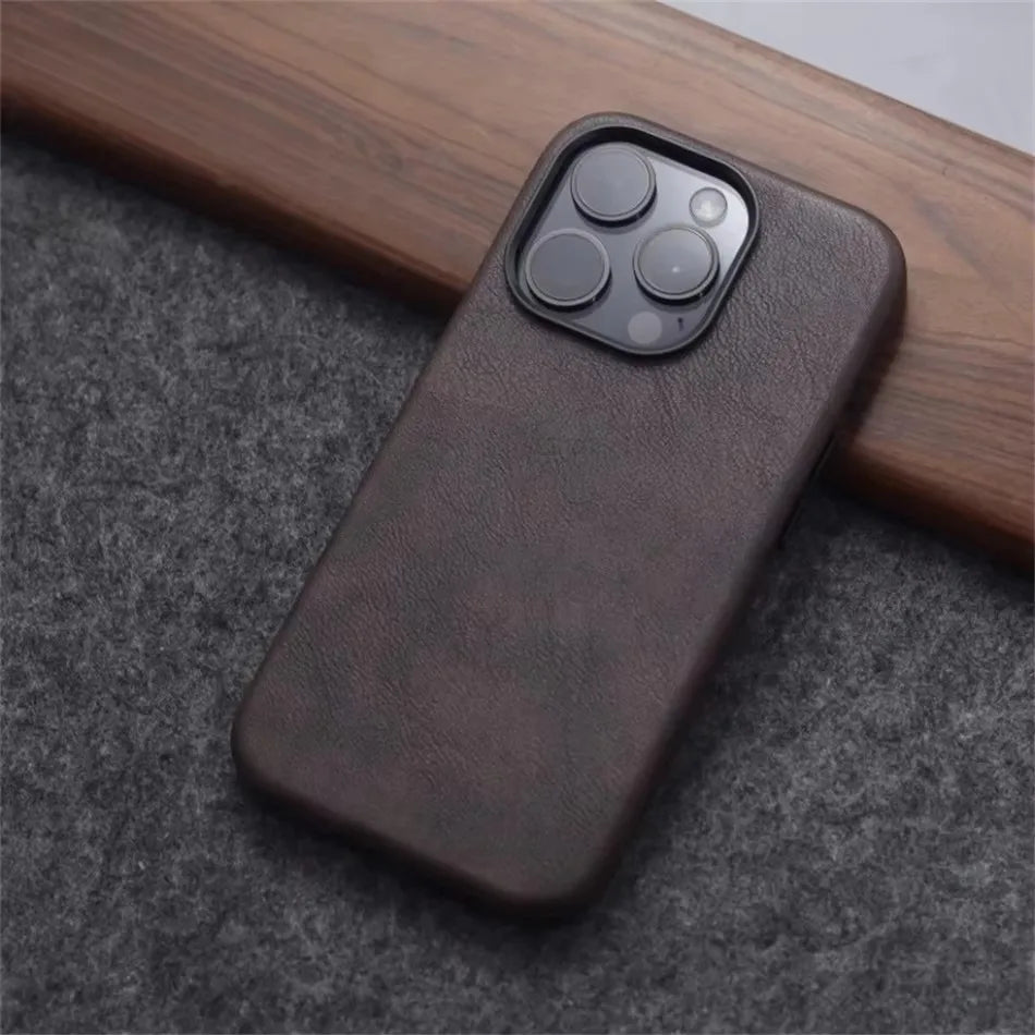 Retro Crazy Horse Leather Magsafe Case Iphone 18pro 15 14 13 12 17 Pro Max Simple Texture Magnetic