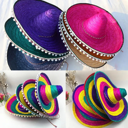Colorful Mexican Sombrero – Wide Brim Straw Party Hat for Men & Women