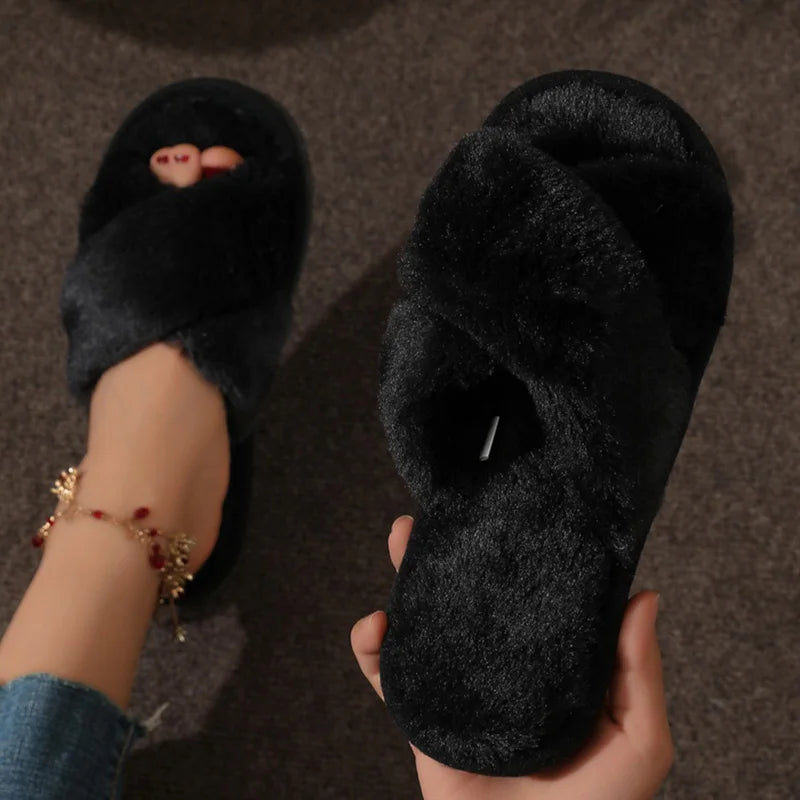 Cross Strap Fur Slippers Women Indoor Light Warm Plush Home Woman Faux Flat Heel Couple Slides Plus