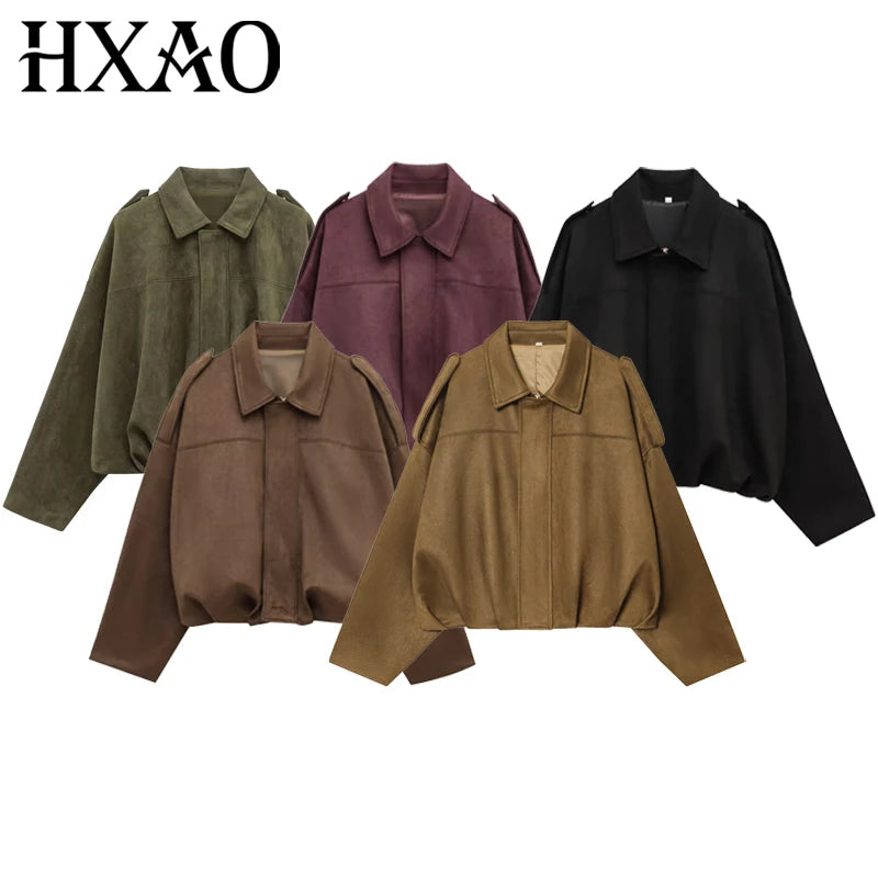 Women's Suede Cropped Bomber Jacket – Oversized Batwing Coat