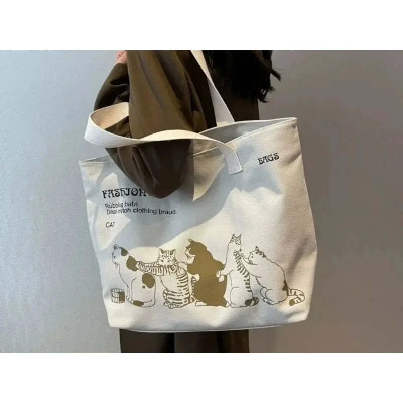 Canvas Tote Bag for Women – Large Cute Cat Print with Zipper
