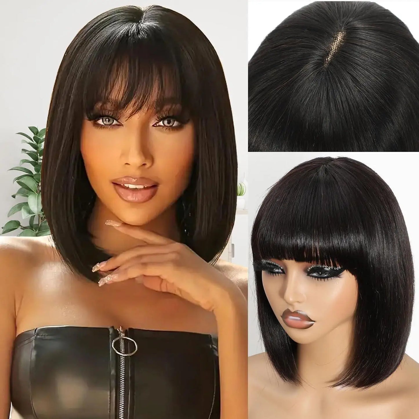 Bob Wig with Bangs Human Hair – 2x1 Lace Closure Straight Short Wig Realistic Scalp