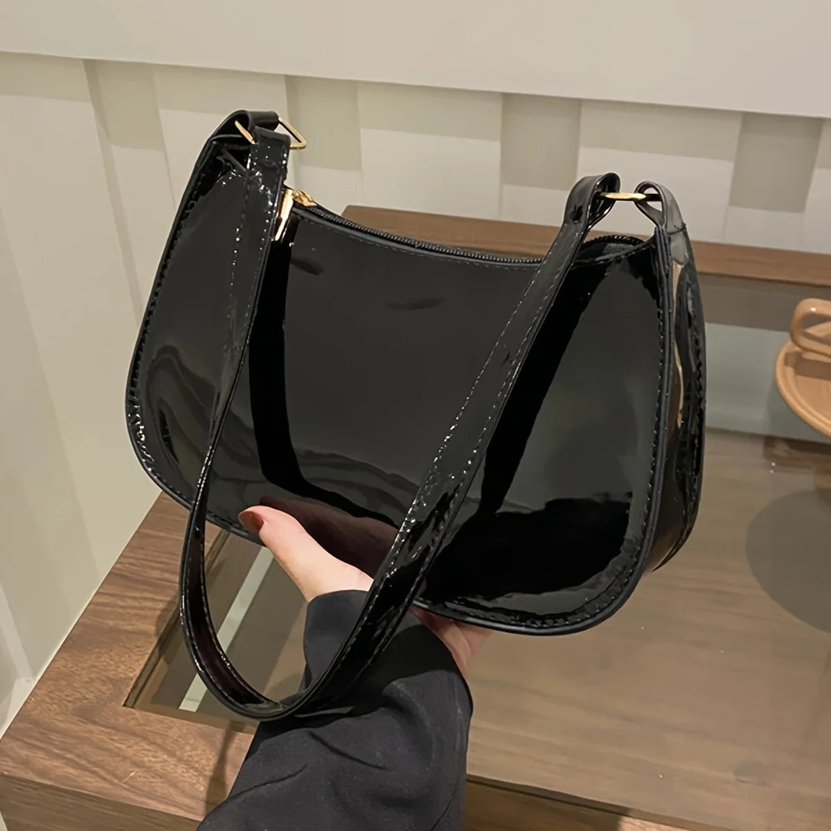 Patent Leather Shoulder Bag – Retro Underarm Handbag for Women