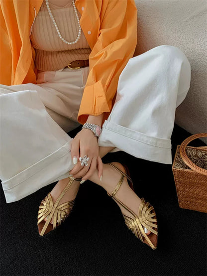 Women's Roman Strappy Sandals – Pointed Toe Low Heel T-Strap