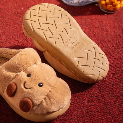 Cute Cartoon Fluffy Slippers Women Men Winter House Shoes Furry Croissant Bread Style Anti-Slip