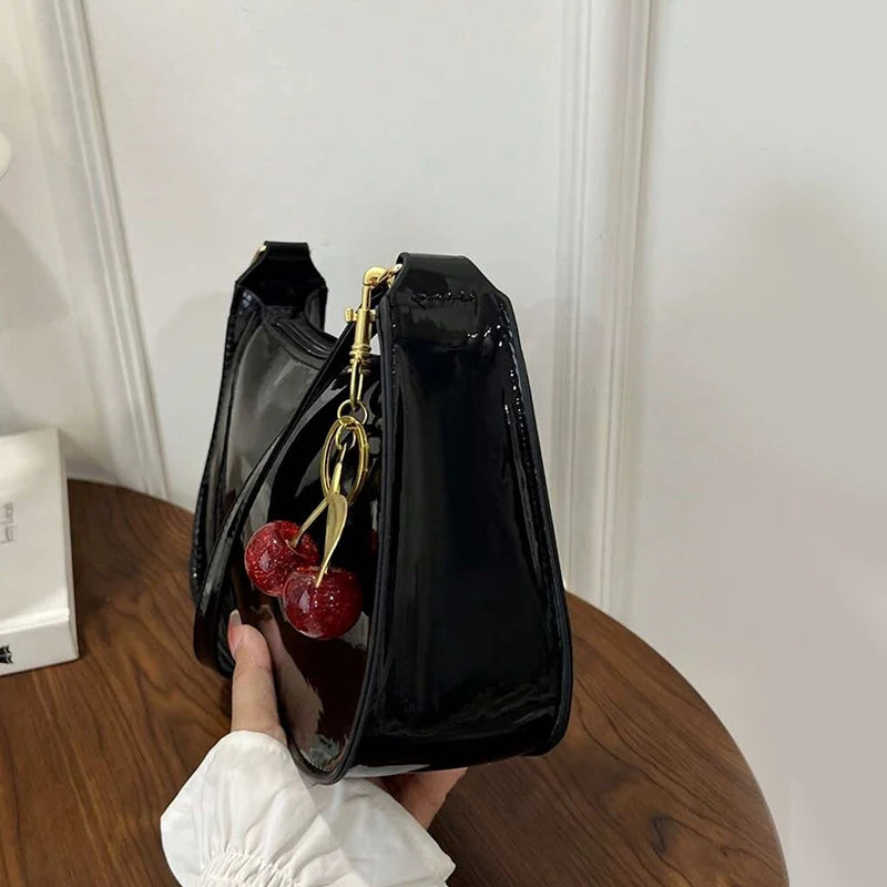 PU Leather Shoulder Bag with Cherry Pendant – Women's Casual Handbag