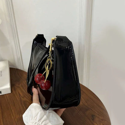 PU Leather Shoulder Bag with Cherry Pendant – Women's Casual Handbag