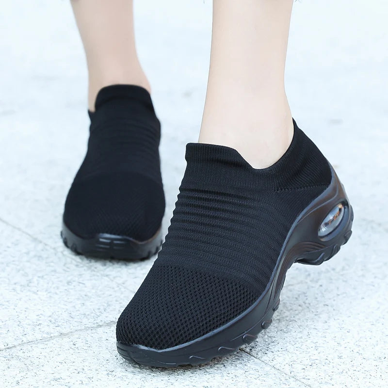Women's Slip-On Platform Sneakers – Breathable Knit Walking Shoes