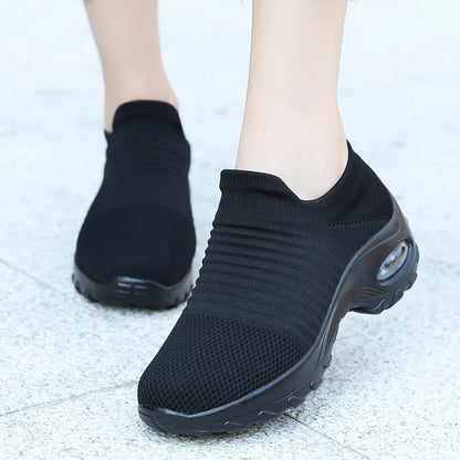 Women's Slip-On Platform Sneakers – Breathable Knit Walking Shoes