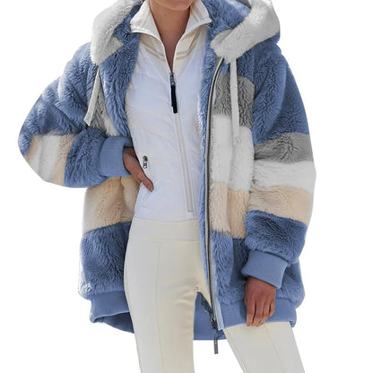 Women's Oversized Fluffy Hooded Jacket – Color Block Teddy Coat