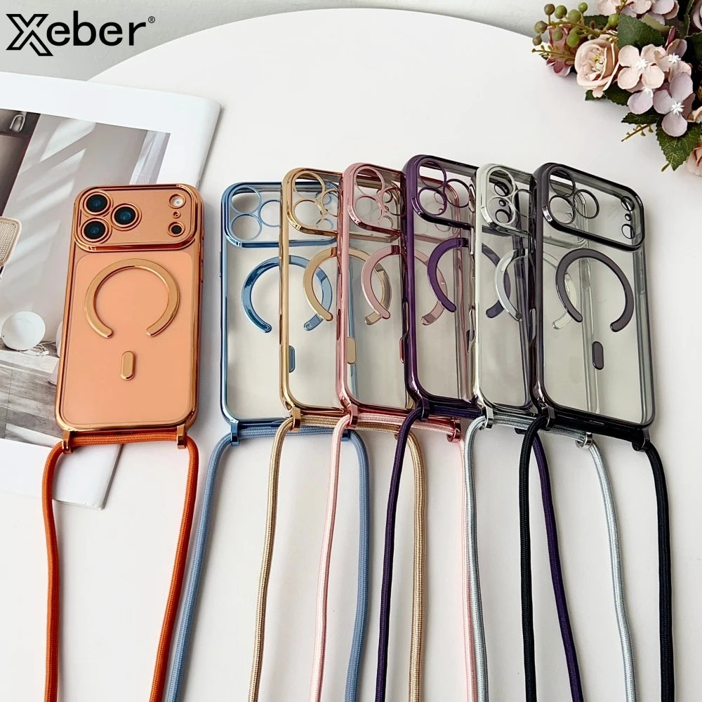 Luxury Necklace Cord Rope Lanyard Plating Magnetic Clear Phone Case Iphone 17 16 14 11 12 13 15 Pro