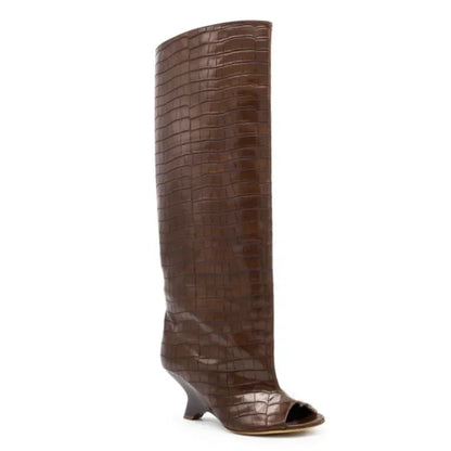Women's Peep Toe Knee-High Boots with Slant Wedge Heel