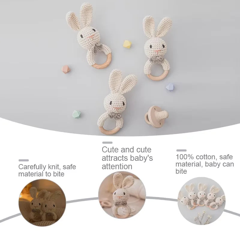 Baby Crochet Rattle & Wooden Teether Toy – BPA-Free Animal Ring