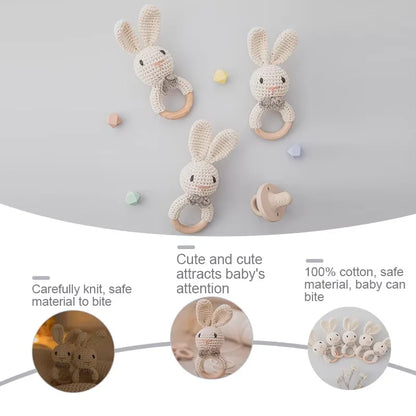 Baby Crochet Rattle & Wooden Teether Toy – BPA-Free Animal Ring