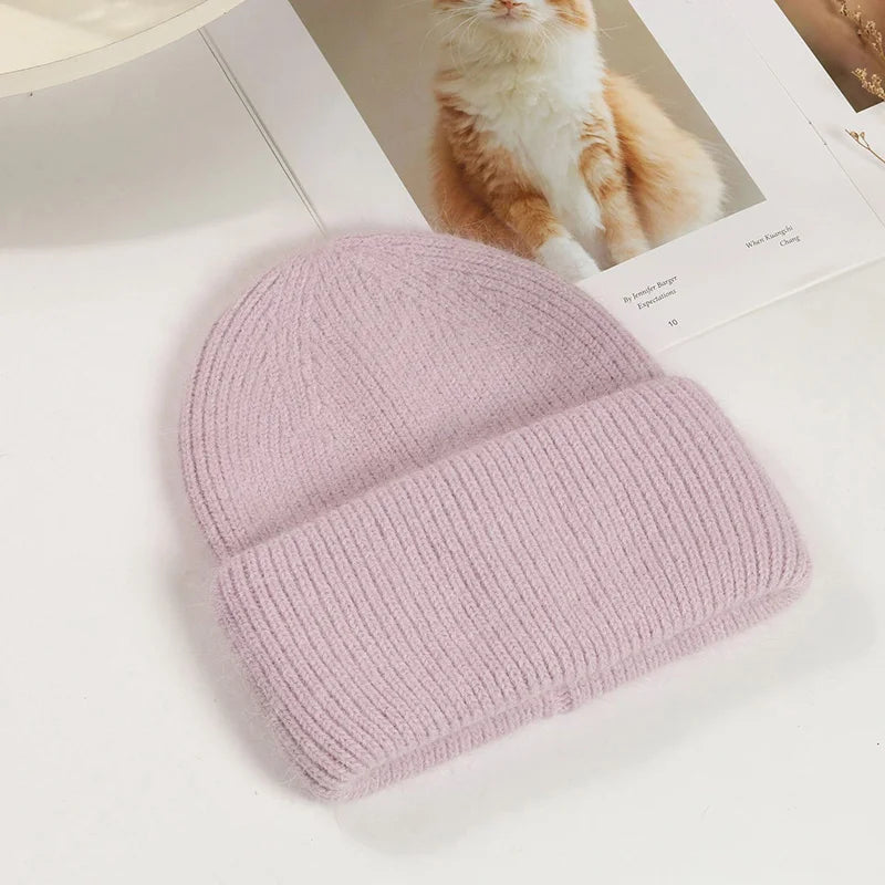 Women's Rabbit Fur Knit Beanie – Warm Solid Color Winter Hat