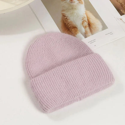 Women's Rabbit Fur Knit Beanie – Warm Solid Color Winter Hat