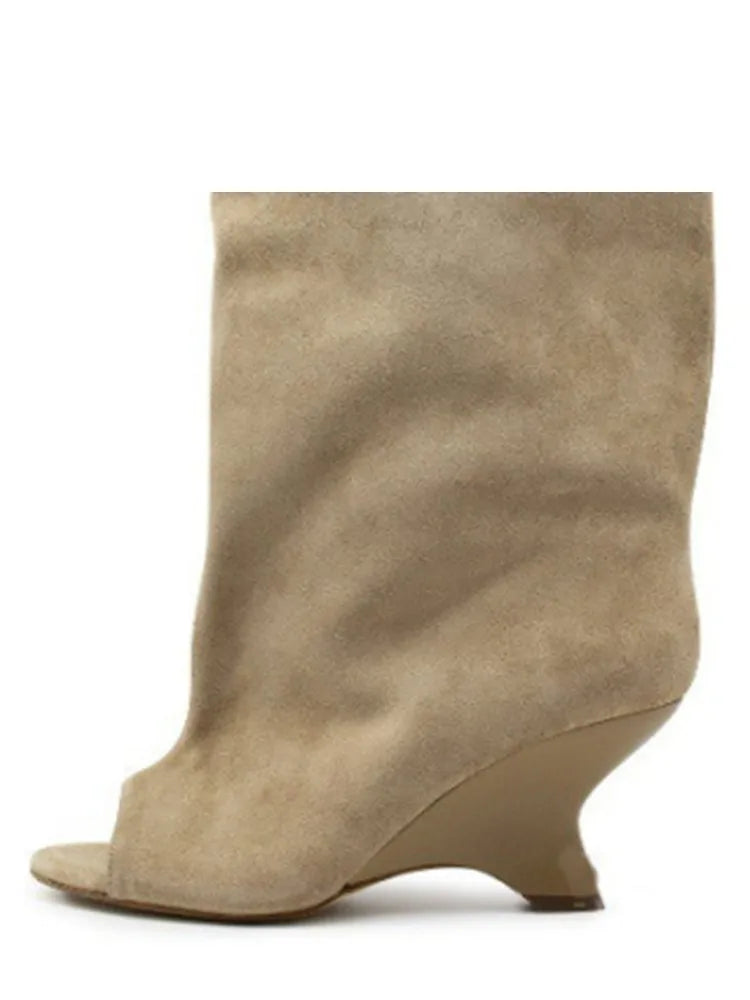 Women's Peep Toe Knee-High Boots with Slant Wedge Heel