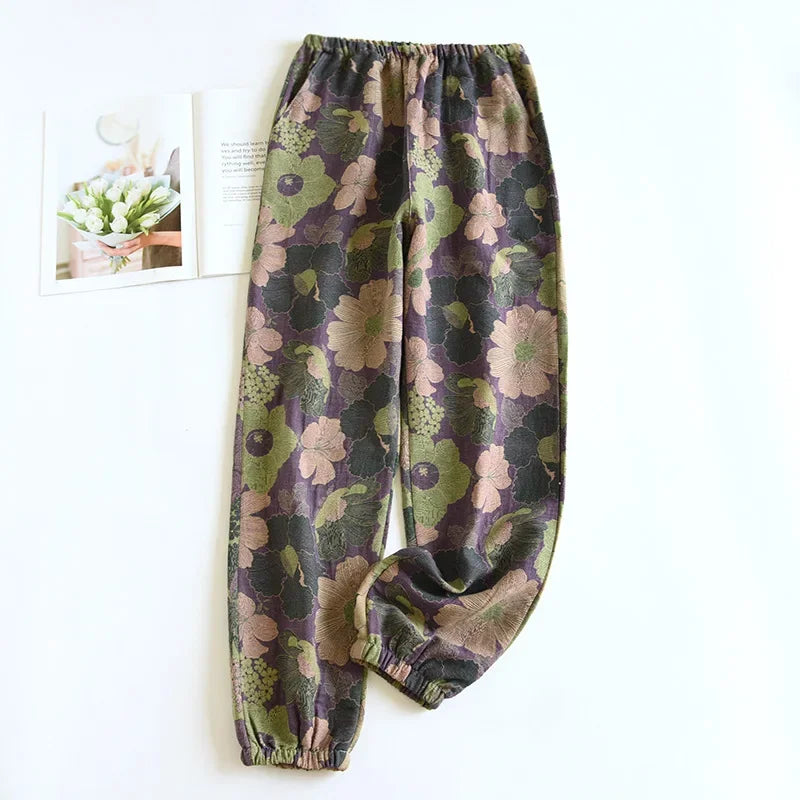 Women's Cotton Crepe Pajama Pants – Loose Floral Print Lounge Bottoms