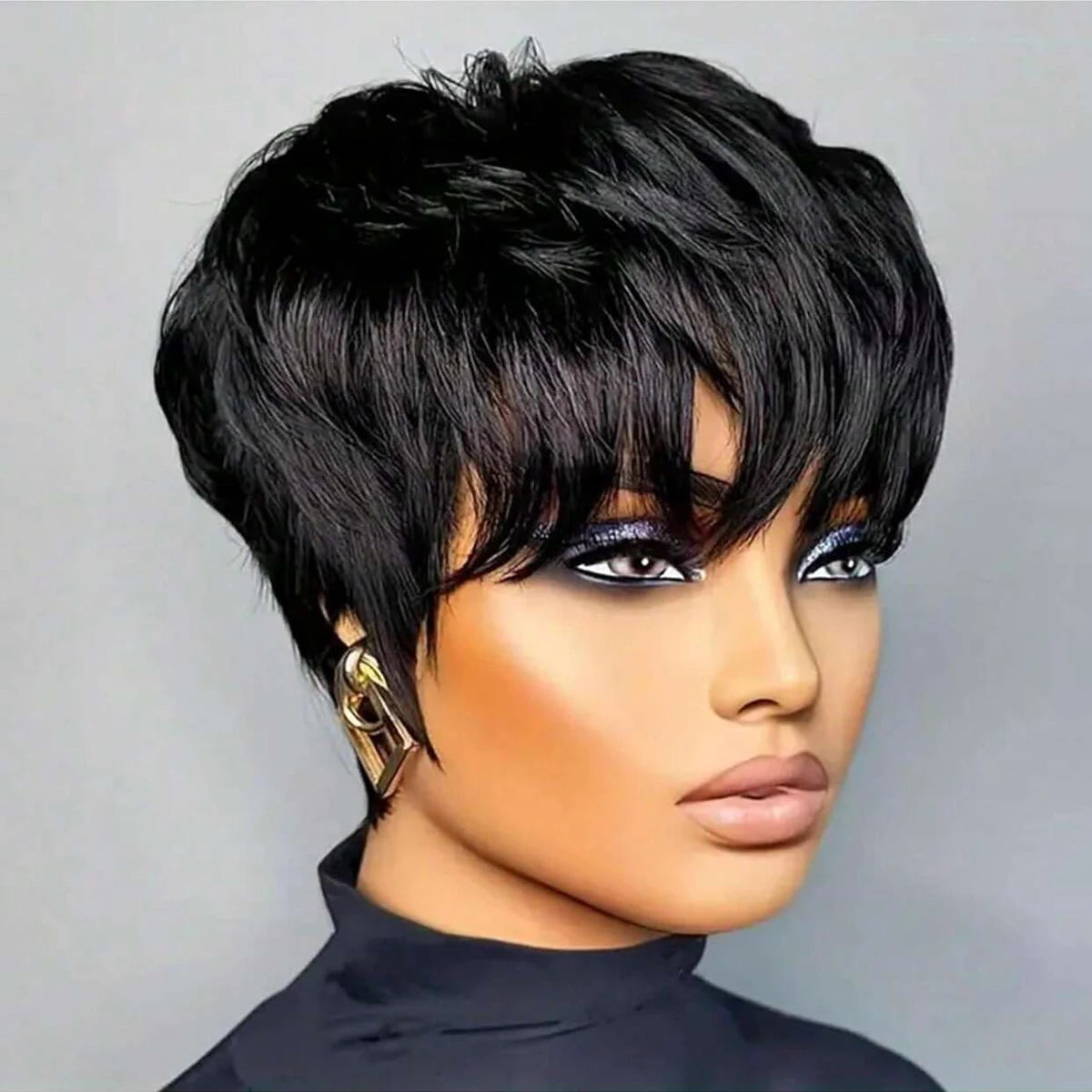 Pixie Cut Bob Wig with Bangs – Natural Black Short Straight Wig for Women