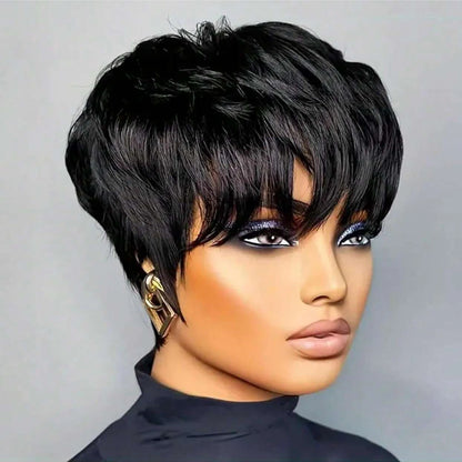 Pixie Cut Bob Wig with Bangs – Natural Black Short Straight Wig for Women